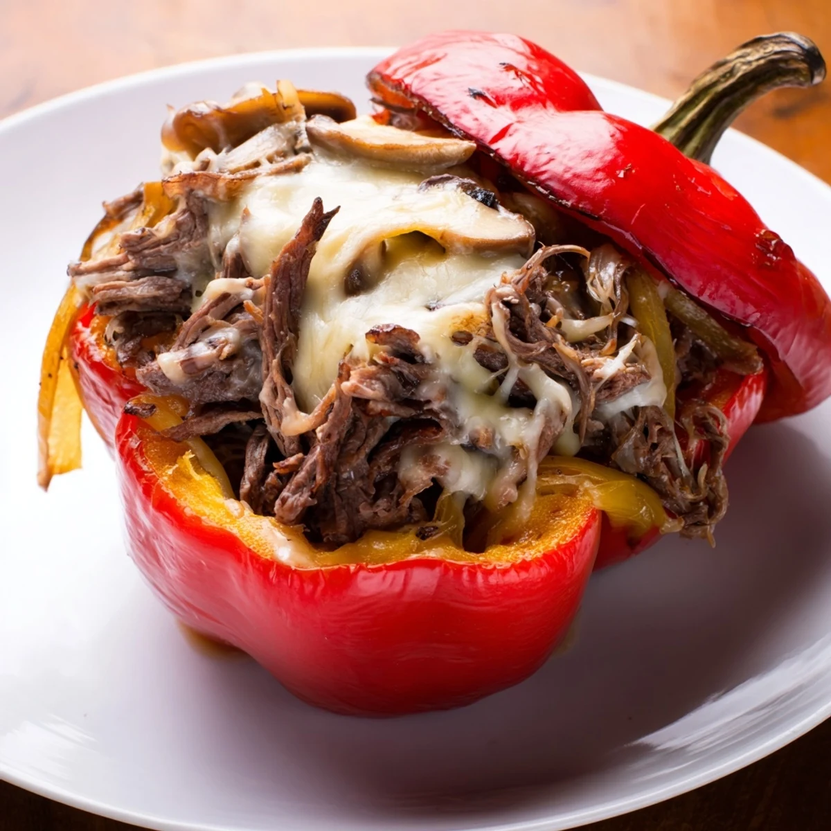 Beef Philly Cheesesteak Stuffed Peppers loaded with savory beef, melted cheese, and tender vegetables.