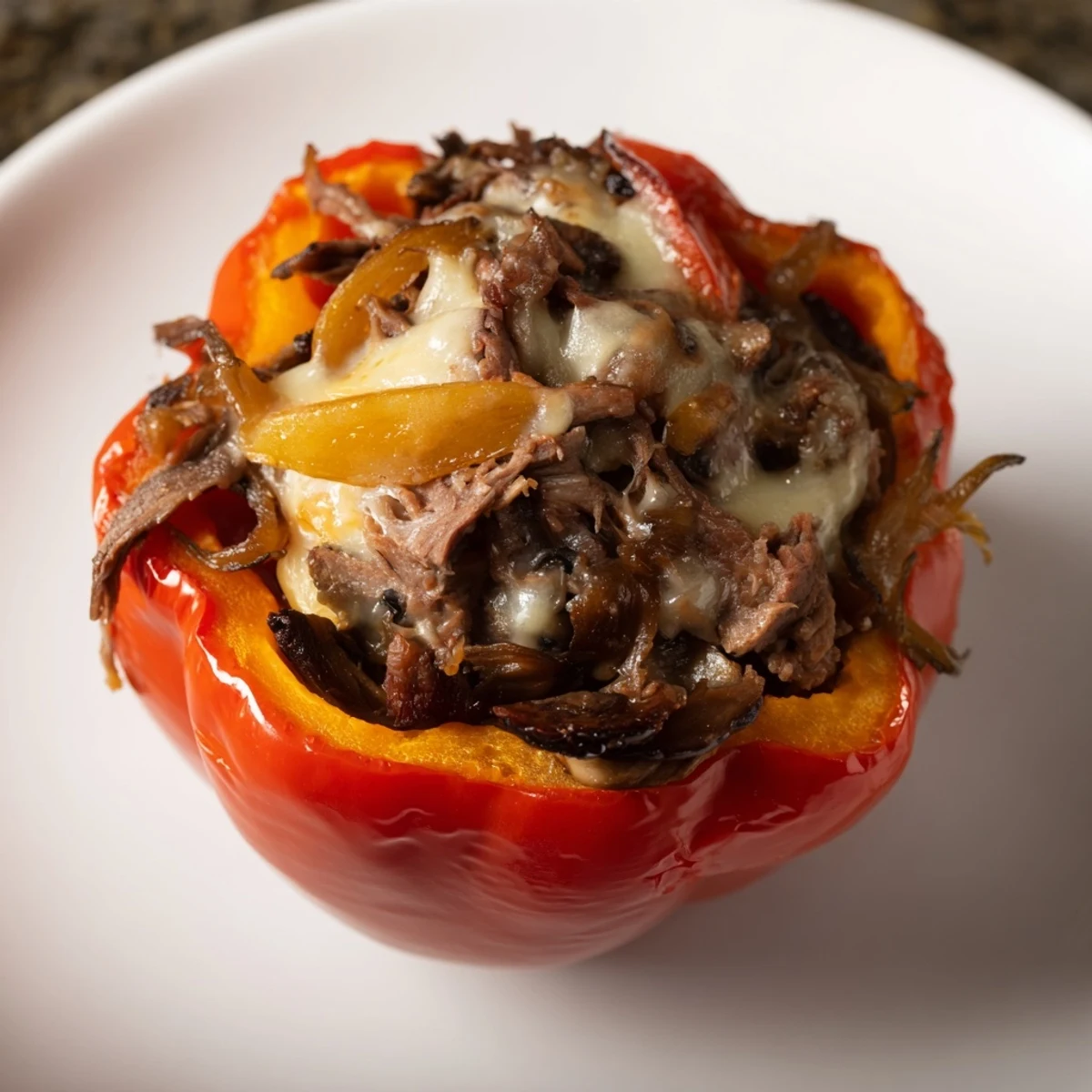 Delicious Beef Philly Cheesesteak Stuffed Peppers; imagine the aroma of sizzling beef and gooey cheese.