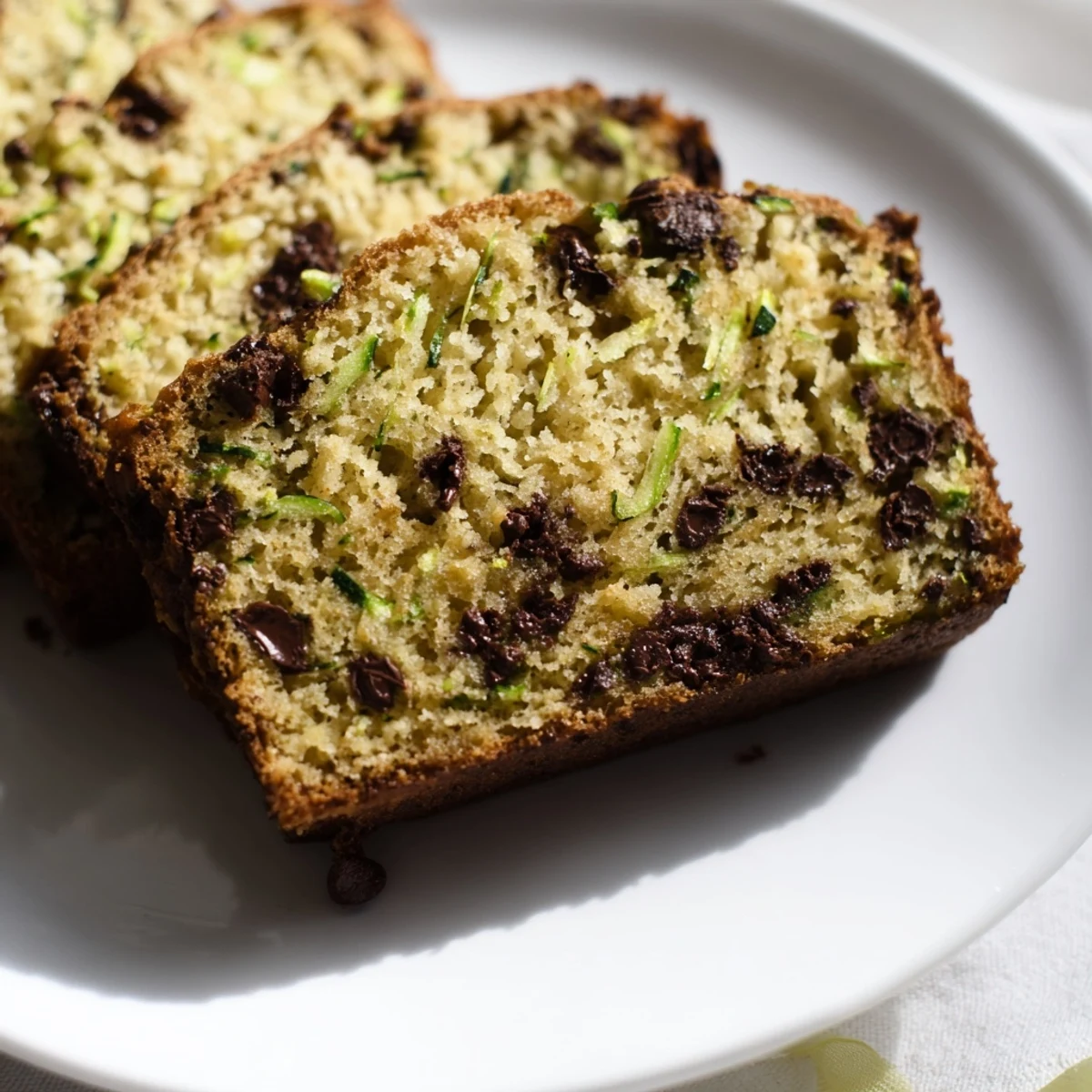A slice of fresh chocolate chip zucchini bread, speckled with chocolate, perfect for an afternoon snack.