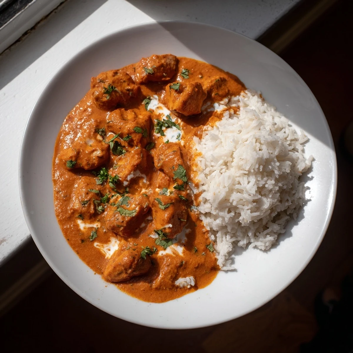 Close-up of a richly flavored Chicken Tikka Masala, showcasing the chicken and sauce's textures.