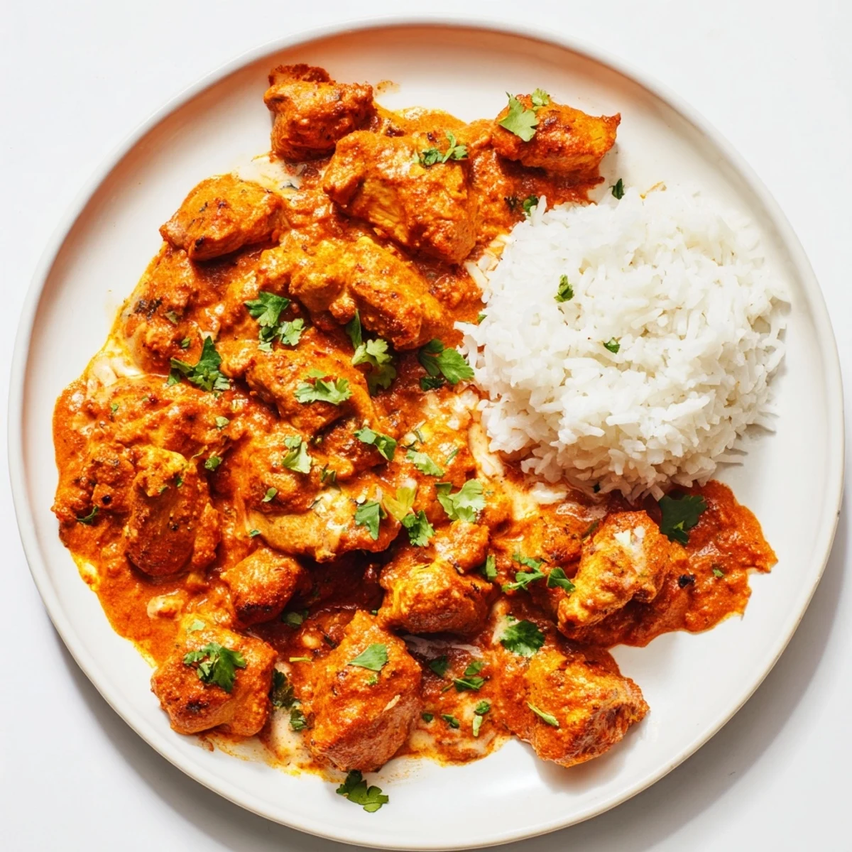 Tender pieces of Chicken Tikka Masala in a creamy tomato sauce, garnished with fresh cilantro.