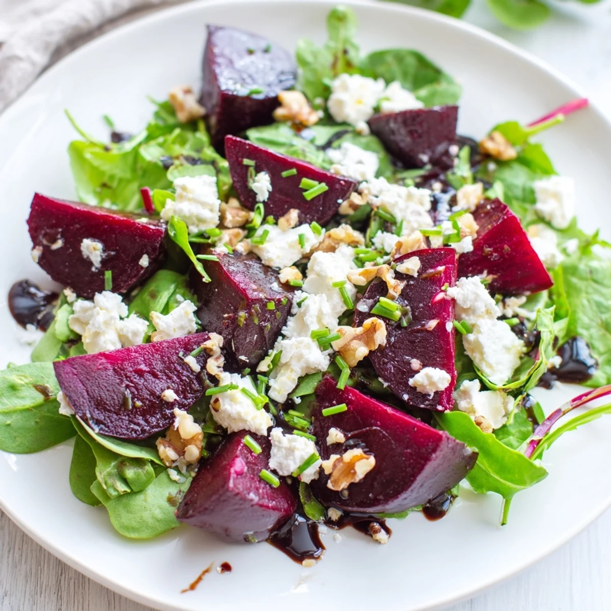 Vibrant roasted beet salad with creamy goat cheese, nuts, and tangy vinaigrette drizzled on the plate.