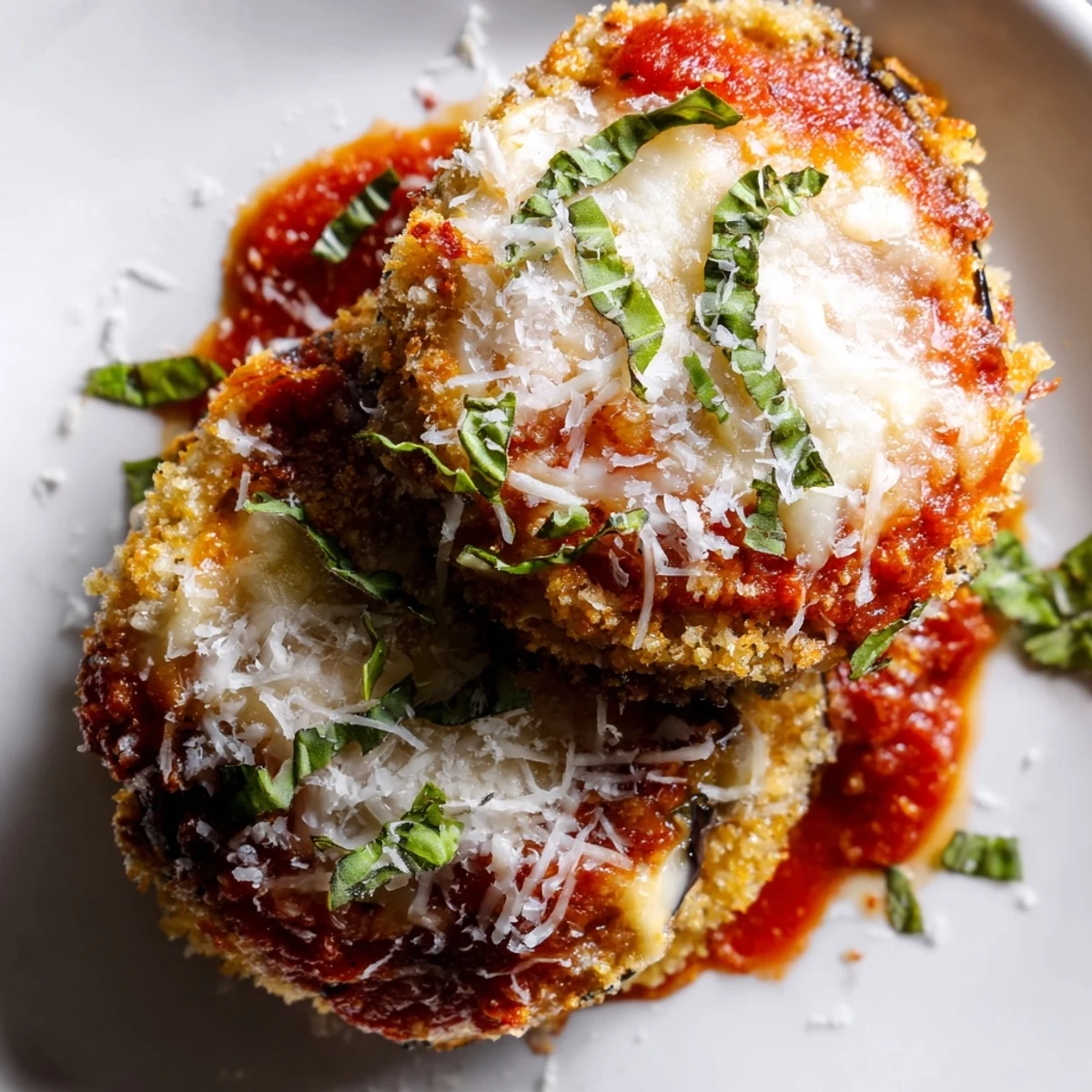 Golden-brown Baked Eggplant Parmesan with melted cheese, marinara sauce bubbling, and fresh basil.