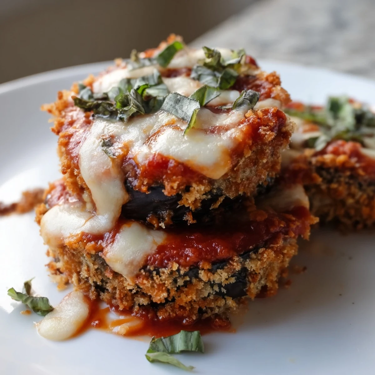 A close-up of a Baked Eggplant Parmesan, showcasing crispy eggplant layers and stretchy mozzarella.