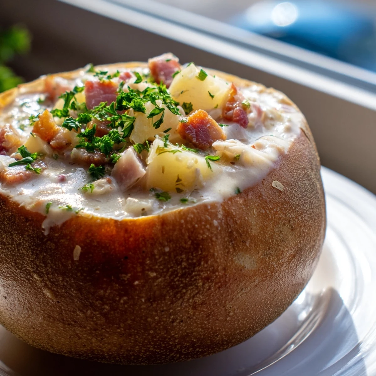 Steaming creamy clam chowder ladled into a crusty sourdough bowl, a truly comforting meal.
