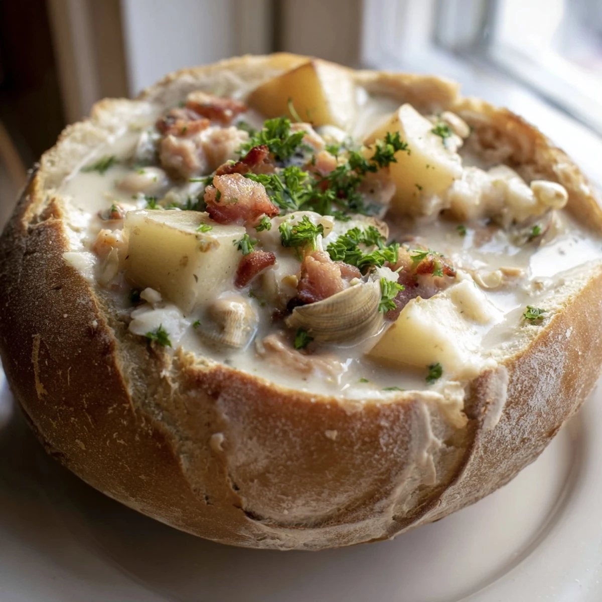A close-up shot of the creamy clam chowder, brimming with clams, in a sourdough bread bowl.