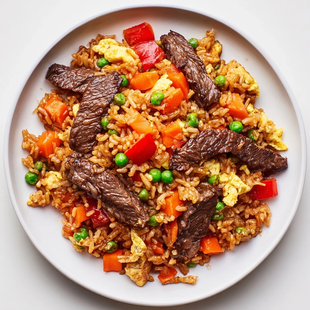 Golden-brown Beef Fried Rice with visible beef and colorful vegetables, ready to eat.