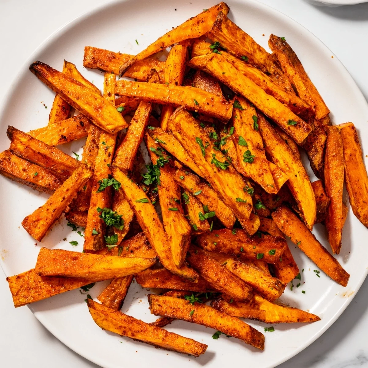 Golden brown crispy air fryer sweet potato fries, perfectly seasoned and ready to eat with a dipping sauce.