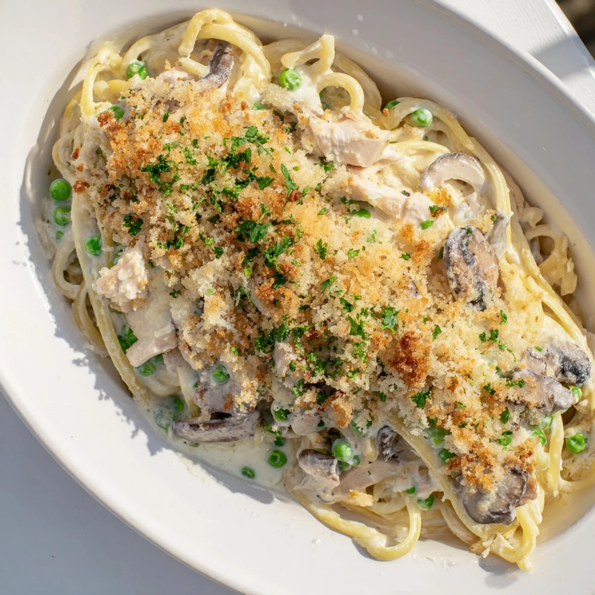 Golden-brown Turkey Tetrazzini with mushrooms bubbling in a casserole dish, ready to be served.