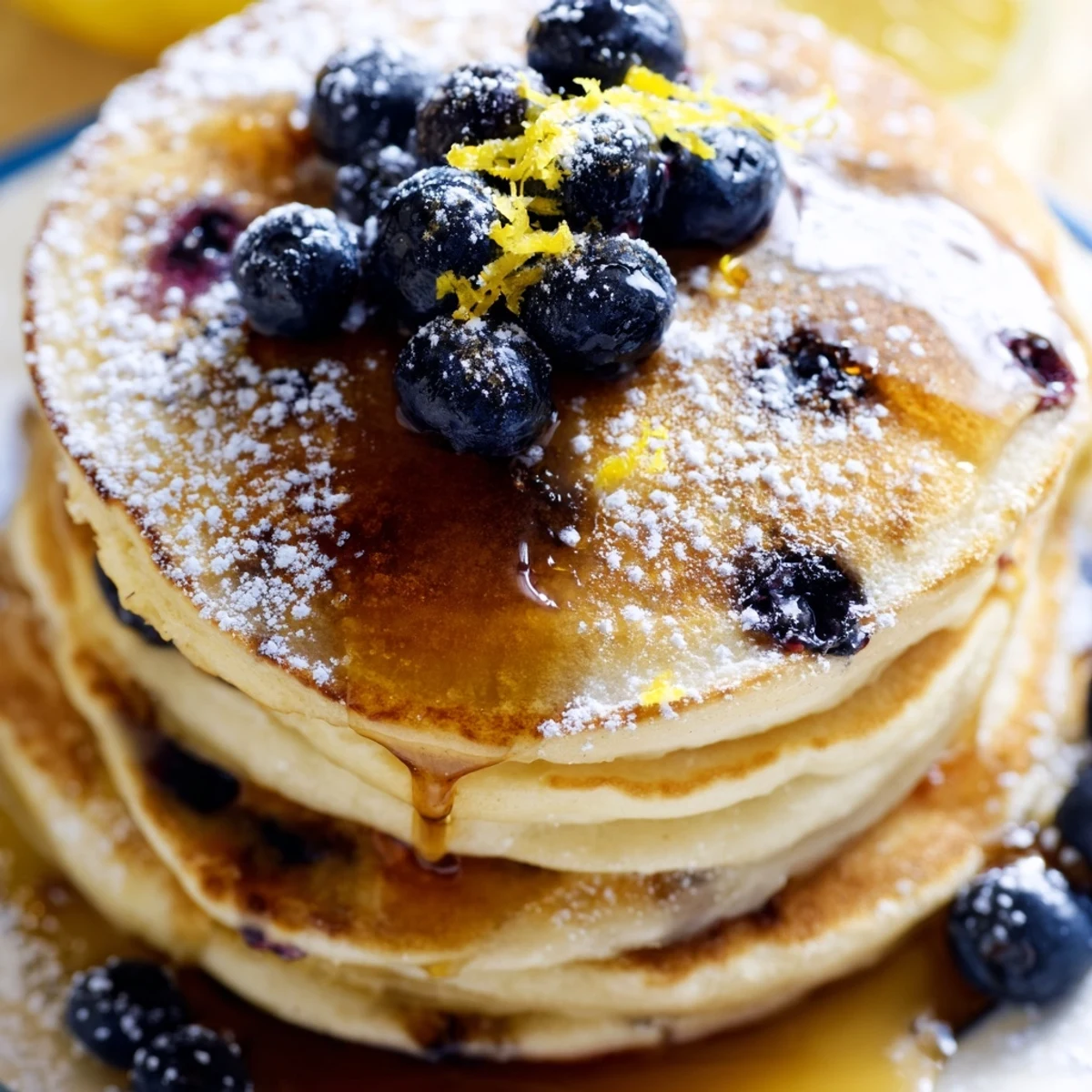 Golden-brown Lemon Blueberry Pancakes stacked high, drizzled with warm maple syrup and extra berries.