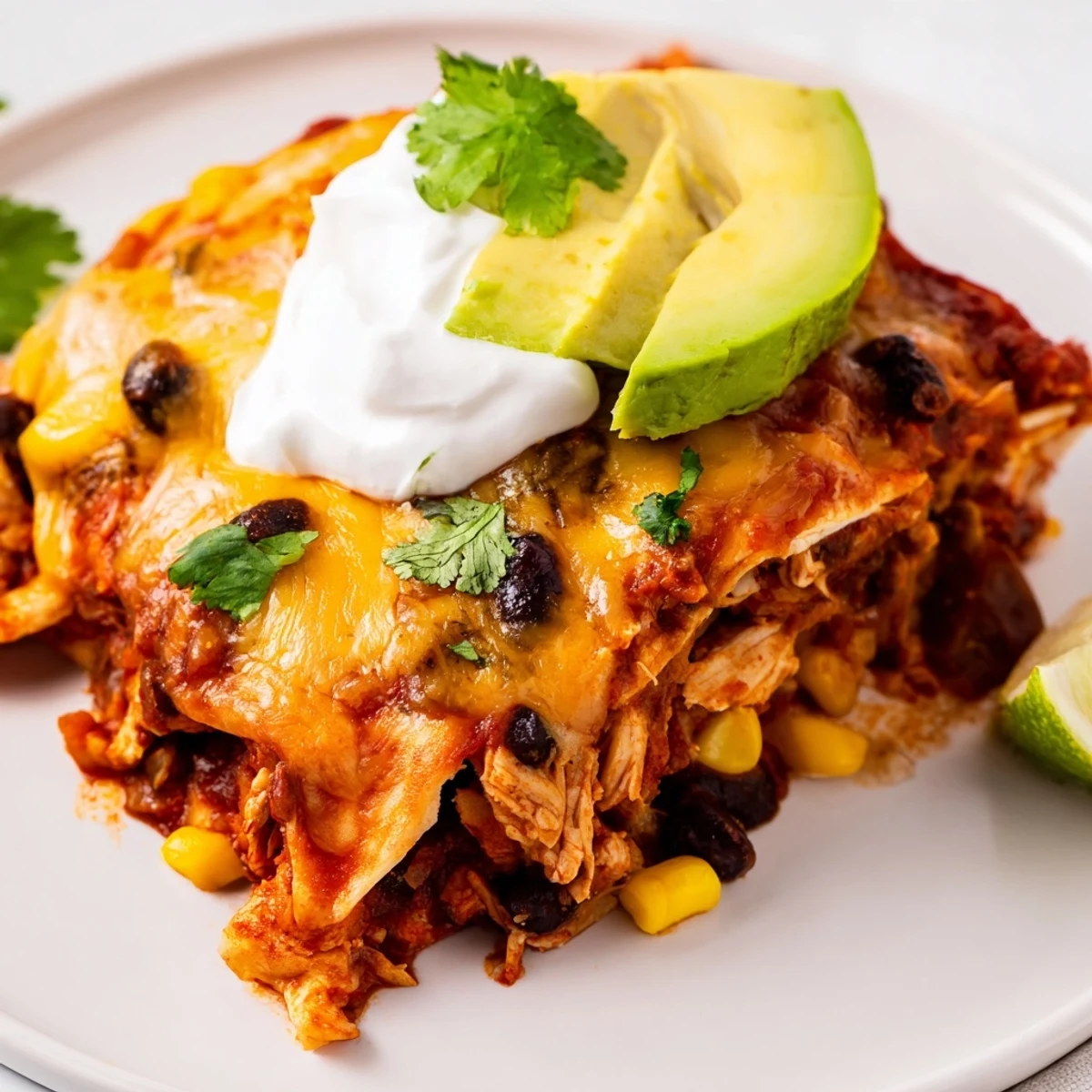 Golden melted cheddar and Monterey Jack cheese top the layered Chicken Enchilada Casserole, garnished with fresh cilantro and avocado slices.