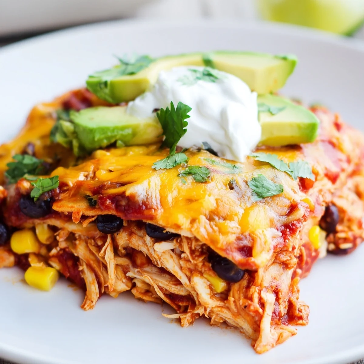 A freshly baked Chicken Enchilada Casserole with bubbling cheese, red sauce, and lime wedges ready to serve for dinner.