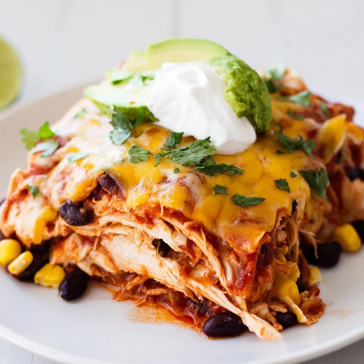 Close-up view of the Chicken Enchilada Casserole showing shredded chicken, corn tortillas, and black beans in a ceramic baking dish.