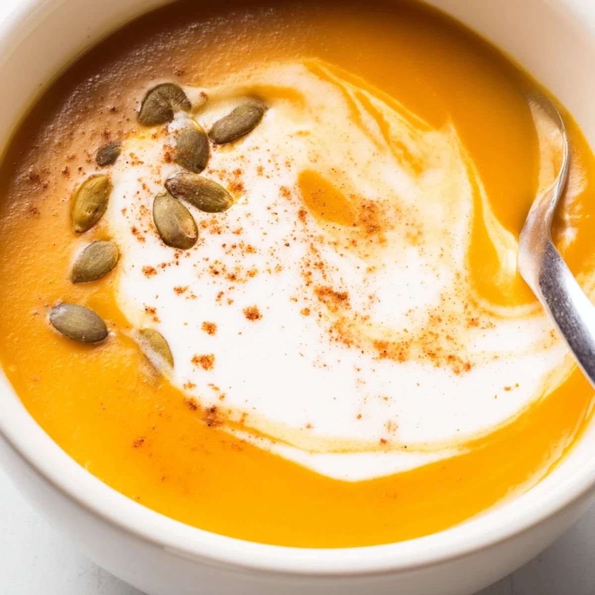 A warm bowl of Winter Squash Soup with Apple and Ginger garnished with pumpkin seeds. 