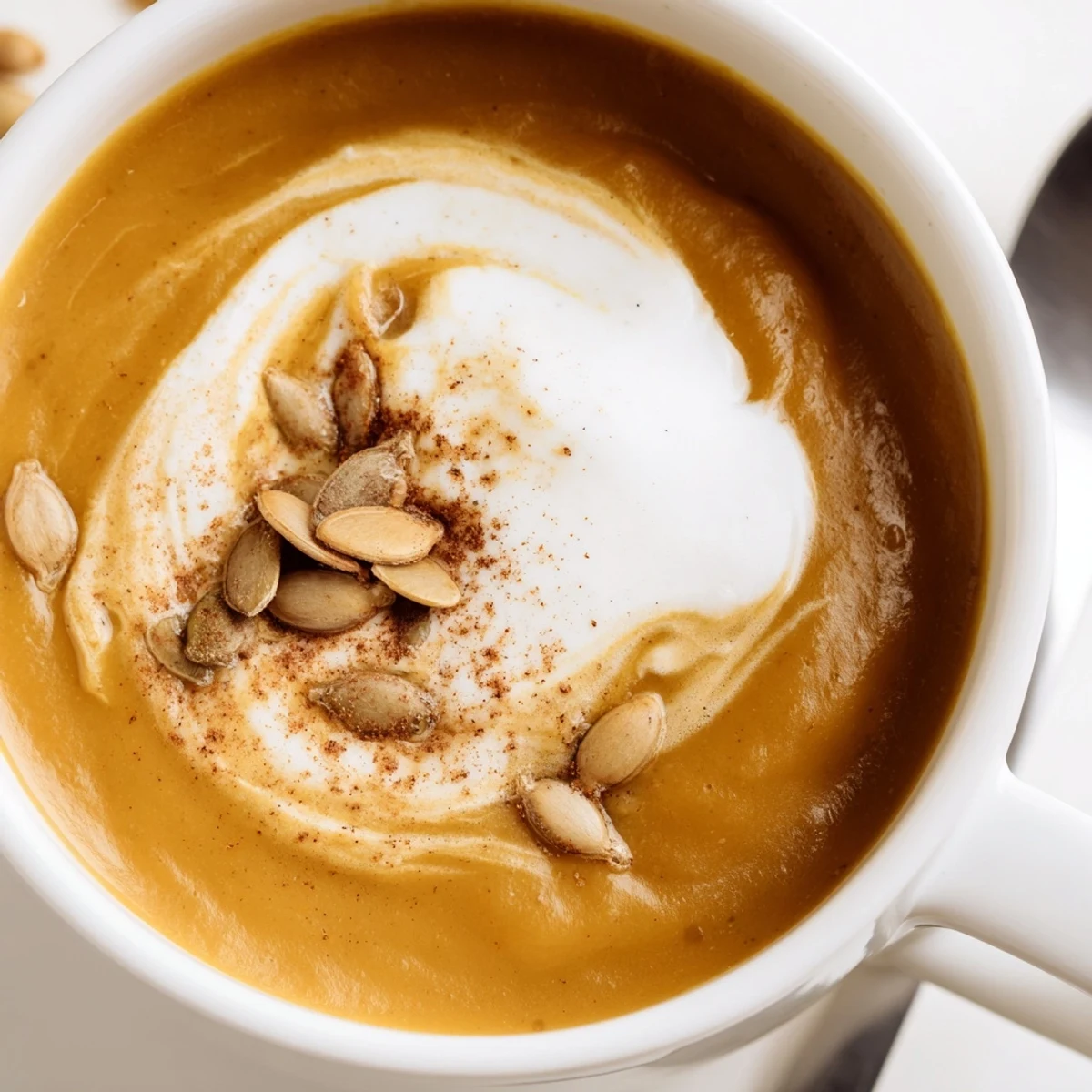 Creamy vegetarian Winter Squash Soup with Apple and Ginger served with crusty bread. 