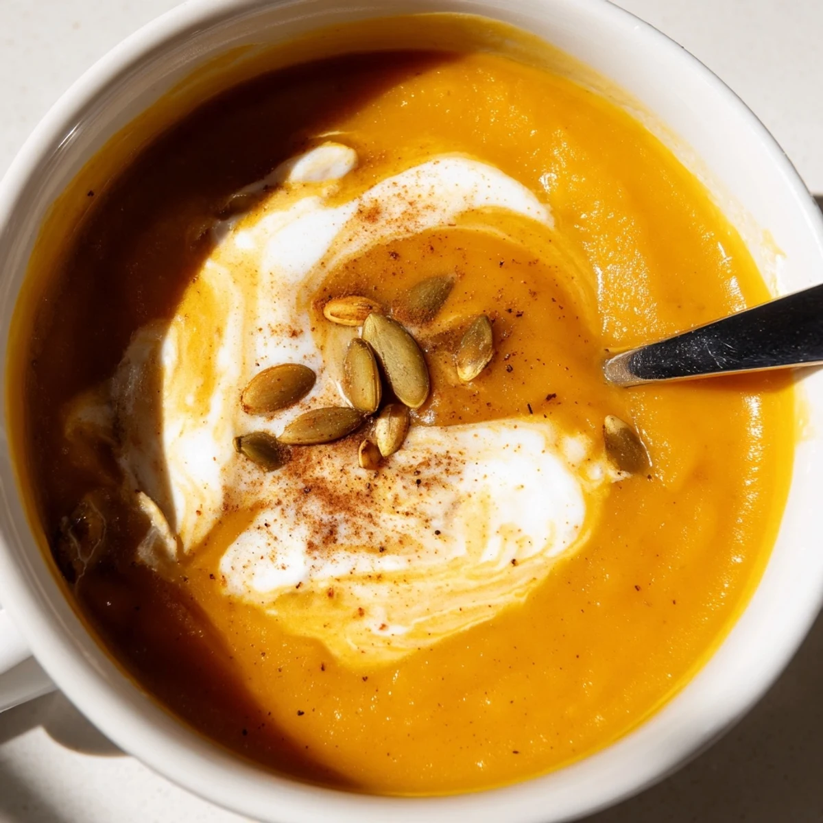 Smooth, golden Winter Squash Soup with Apple and Ginger steaming in a rustic bowl.