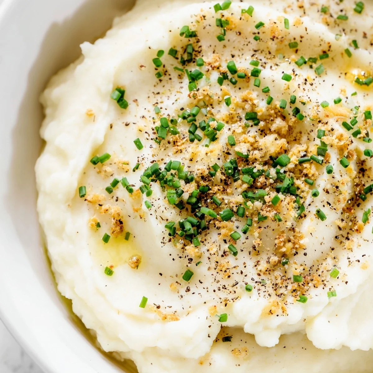 A bowl of creamy Roasted Garlic Mashed Cauliflower with Chives, steaming and garnished with fresh herbs.
