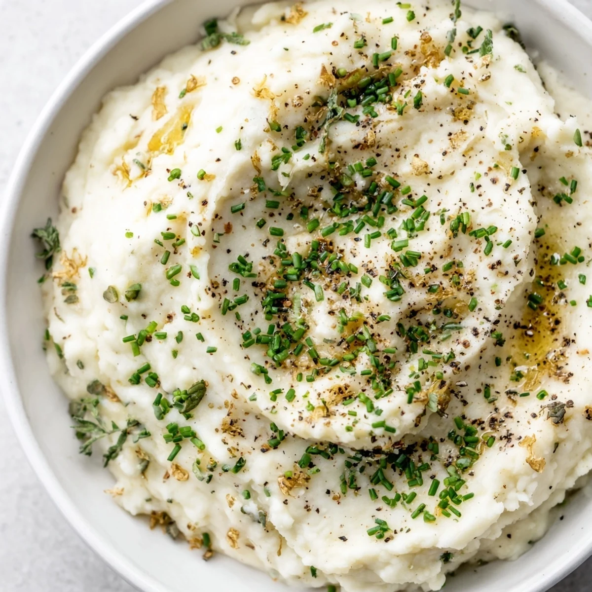 A rustic wooden spoon dipping into creamy Roasted Garlic Mashed Cauliflower with Chives, served alongside grilled chicken.