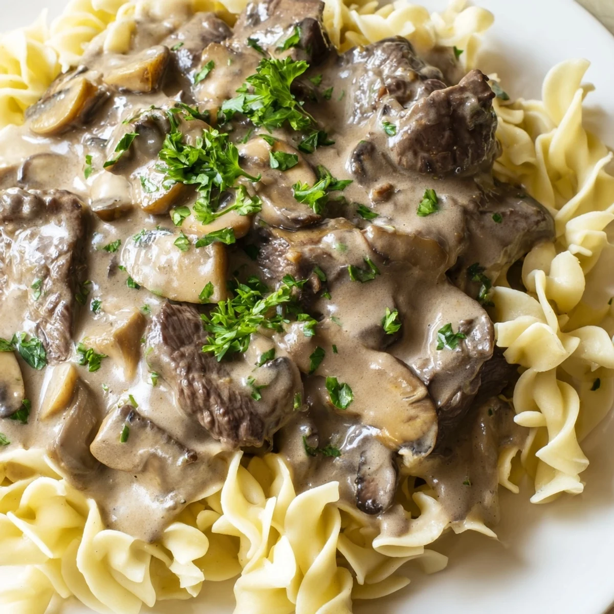 A hearty plate of Beef Stroganoff featuring golden-brown beef, savory mushroom sauce, and fluffy egg noodles, garnished with fresh parsley.