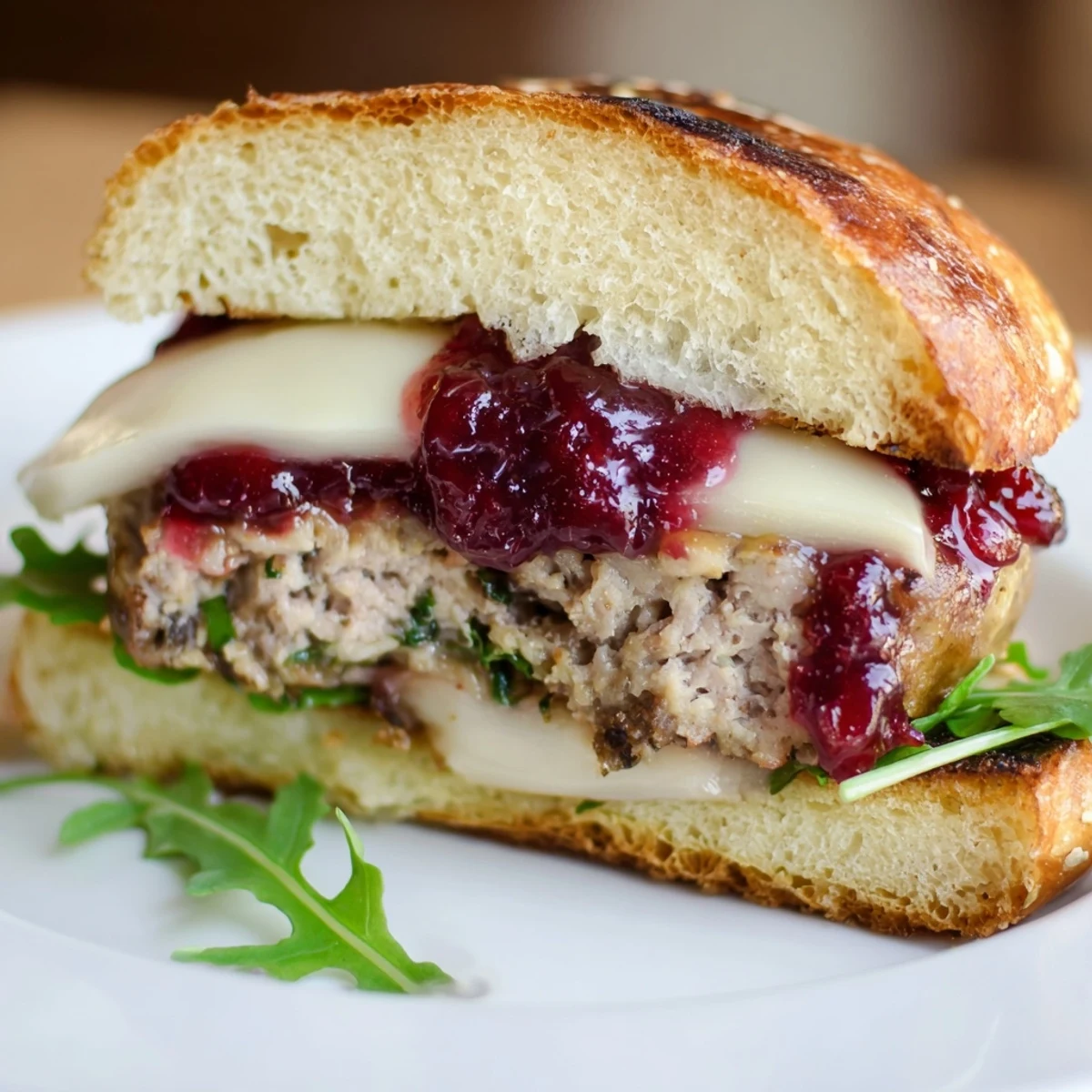 Golden-brown turkey burgers with cranberry sauce and Brie on toasted buns, garnished with fresh arugula.