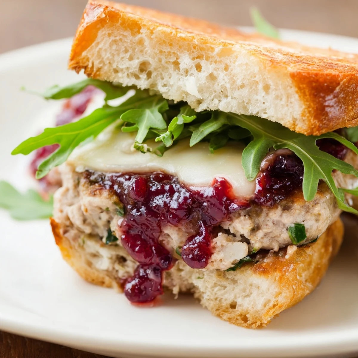 Turkey burgers with cranberry sauce and Brie, topped with melted cheese and arugula on a toasted bun.