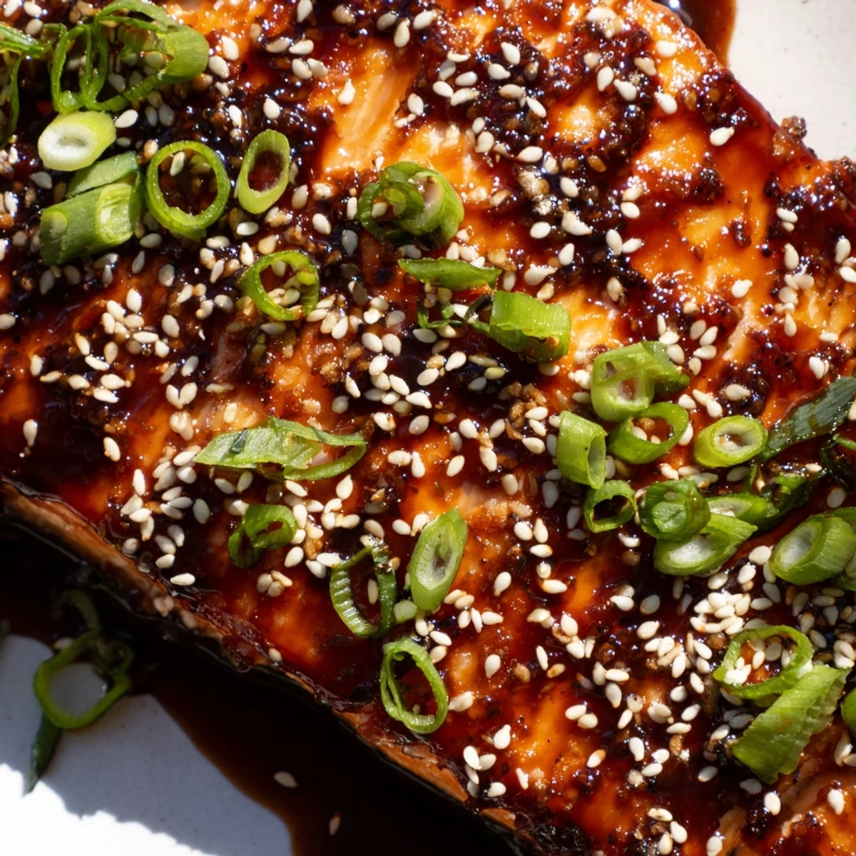 Flaky Baked Salmon with Teriyaki Glaze garnished with toasted sesame seeds, served with lime and green onions.