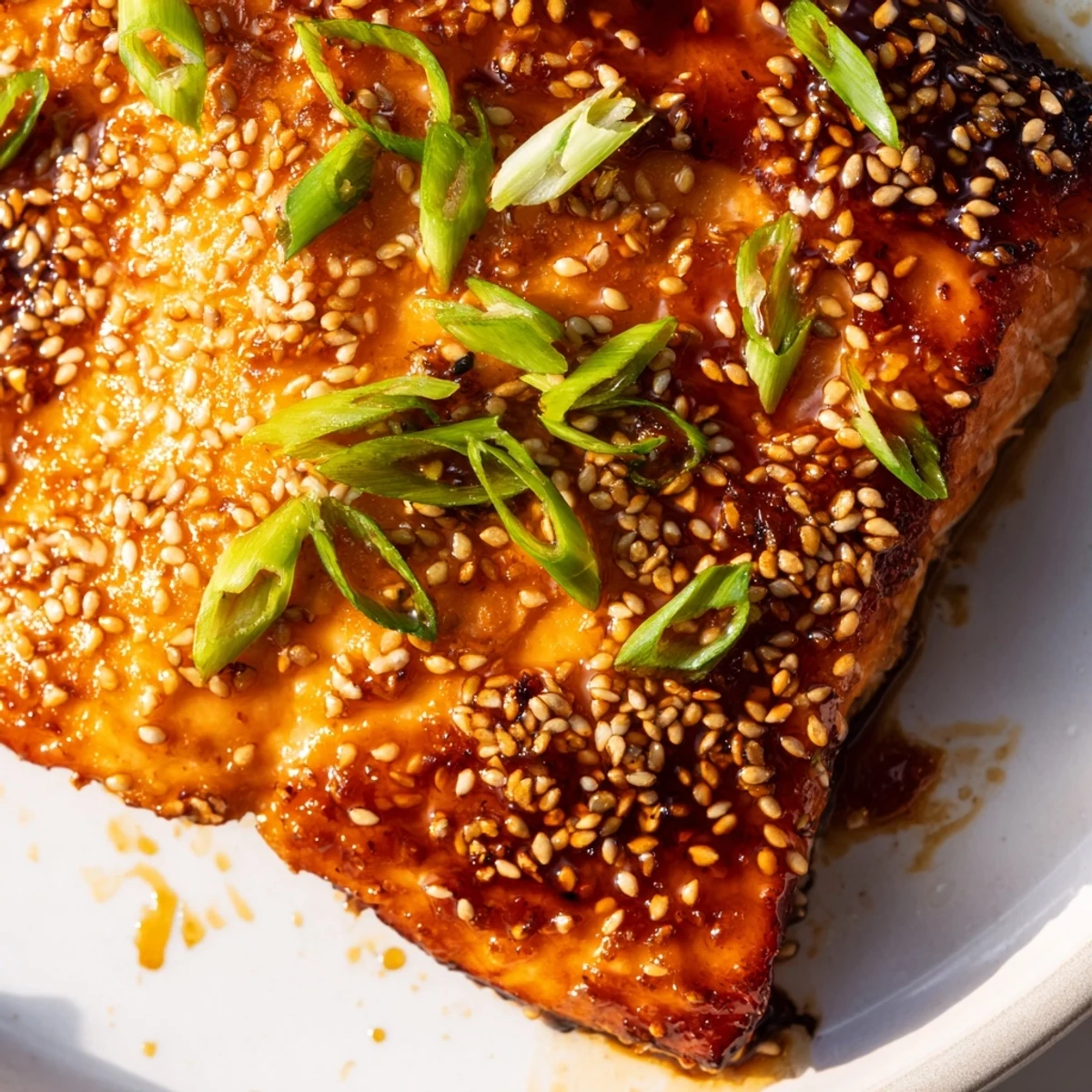 Savory Baked Salmon with Teriyaki Glaze baked until tender, sprinkled with sesame seeds and scallions on a plate.