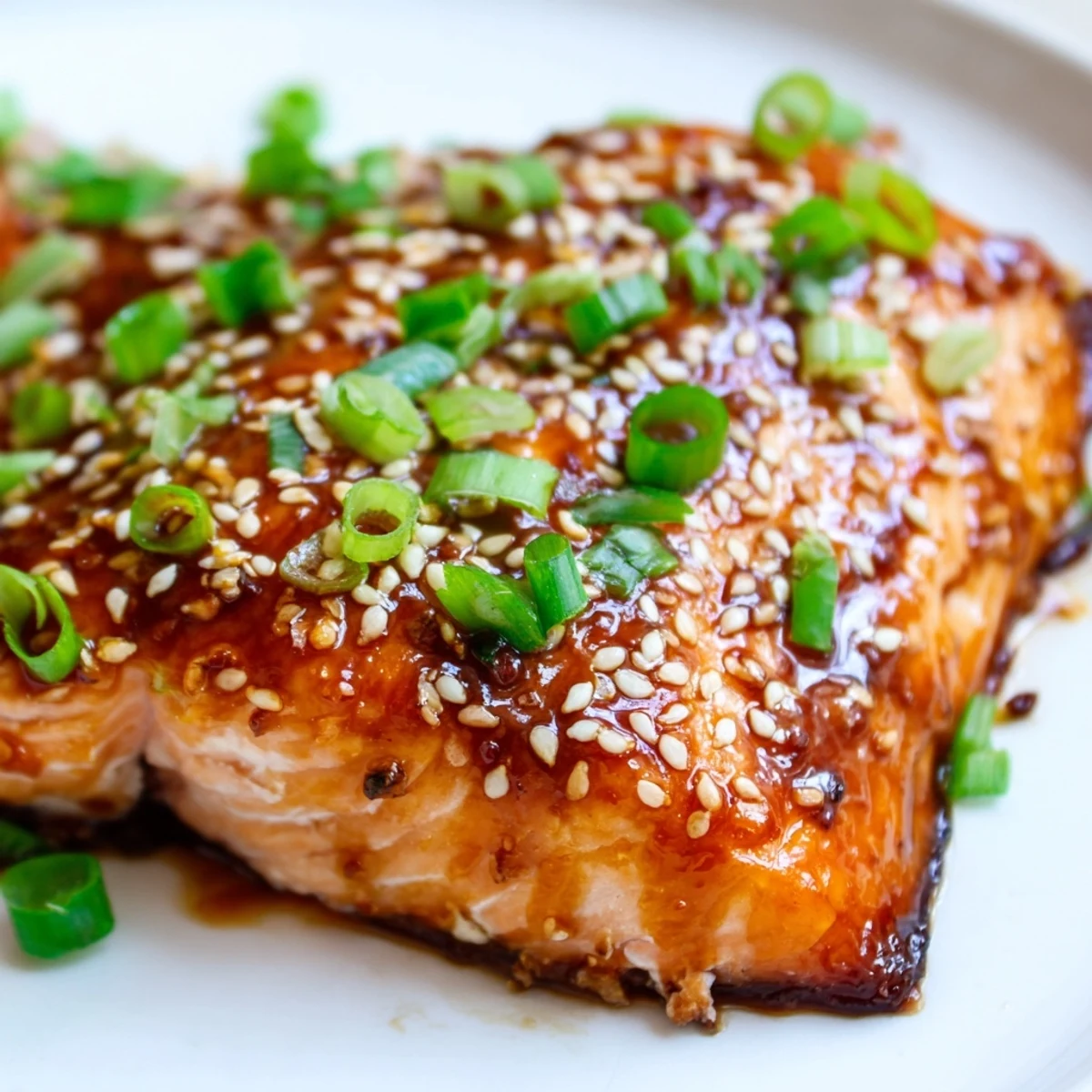 Golden Baked Salmon with Teriyaki Glaze drizzled over fillets, paired with steamed rice and sautéed bok choy.