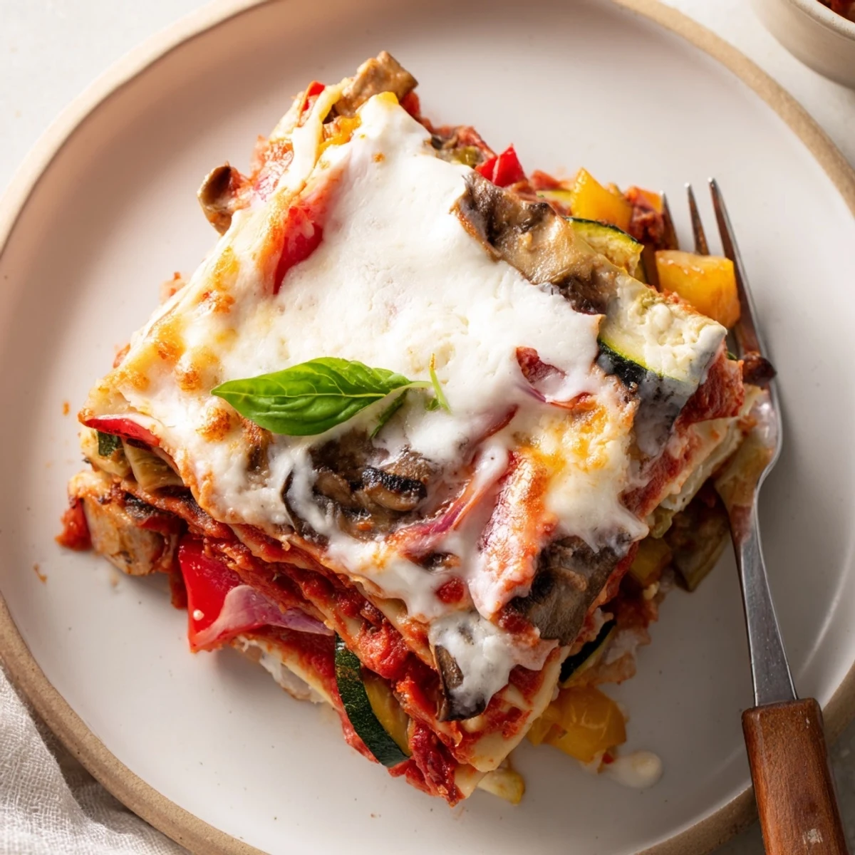 Cheesy Roasted Vegetable Lasagna with Cheese Sauce is sliced into hearty squares, revealing rich tomato and roasted veggie layers.