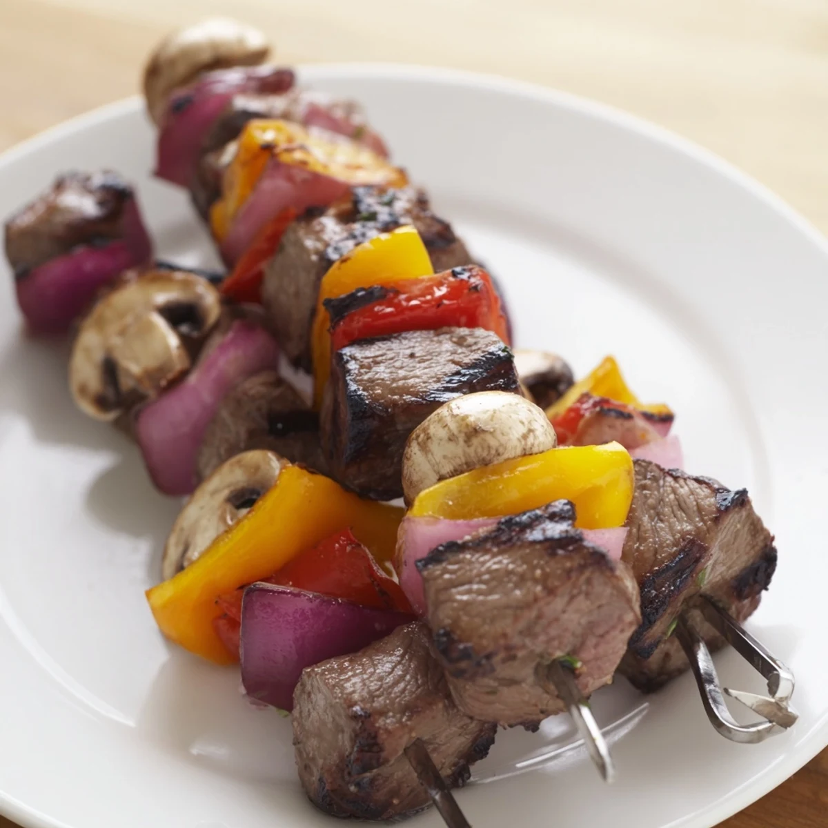 Grilled Beef Kebabs with Peppers and Mushrooms on skewers with charred edges, served with a side of fluffy rice.