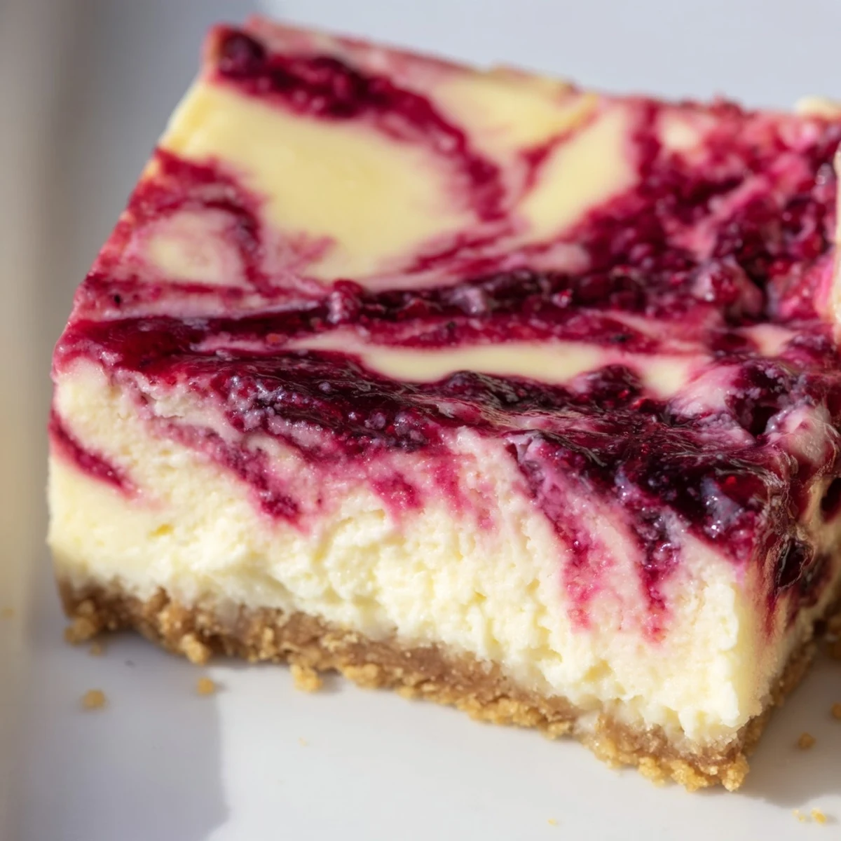 Freshly baked Lemon Raspberry Cheesecake Squares with a golden graham cracker crust, creamy filling, and a vibrant berry swirl. 