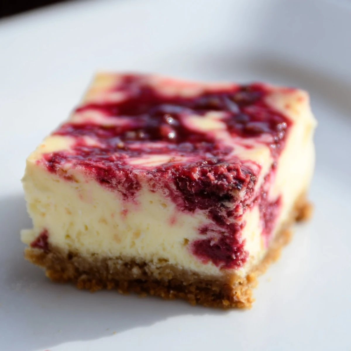 Homemade Lemon Raspberry Cheesecake Squares cut into neat squares, revealing a marbled interior of tangy lemon and sweet raspberry.