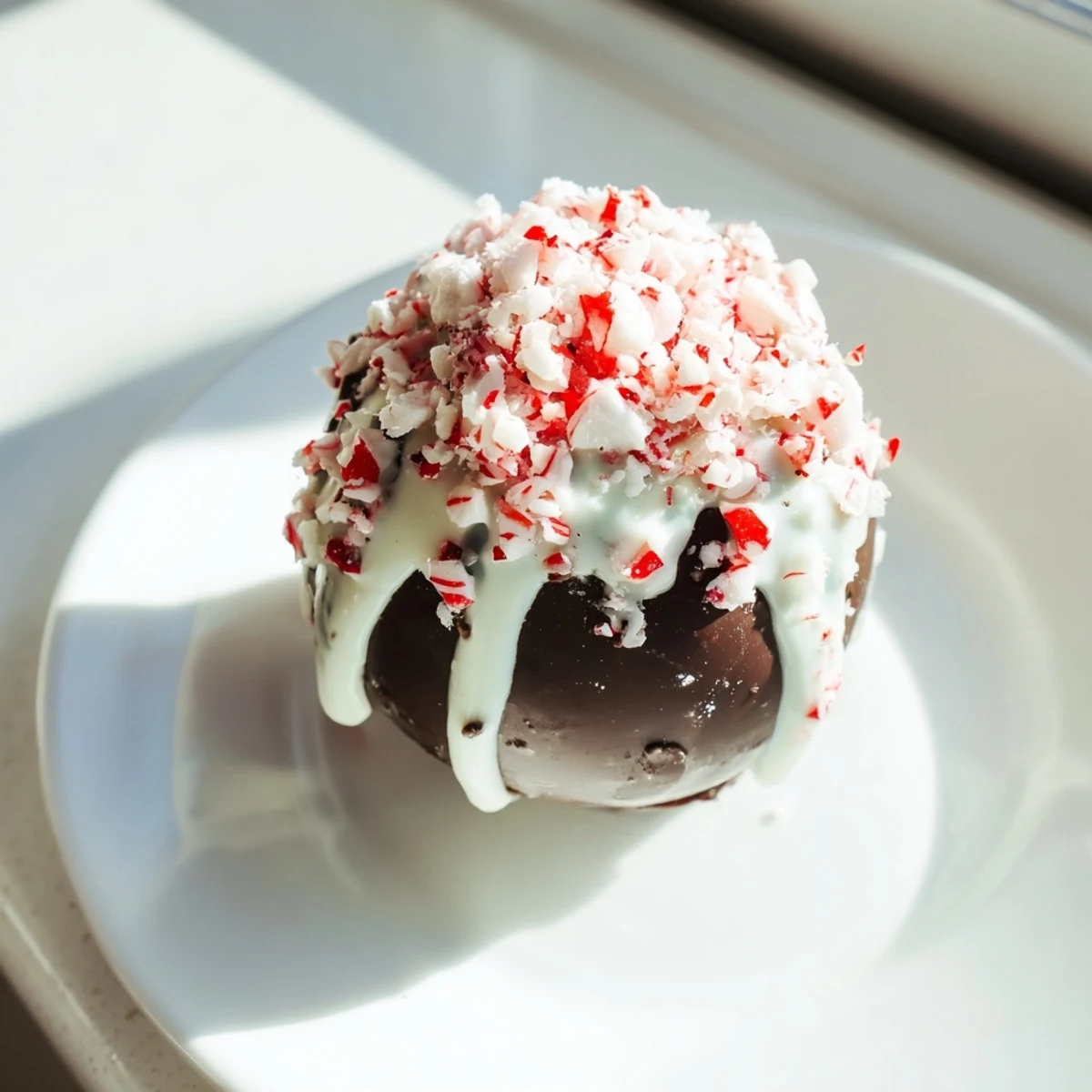 The finished Peppermint Hot Cocoa Bombs with Marshmallows are arranged in a festive mug next to a striped straw. 