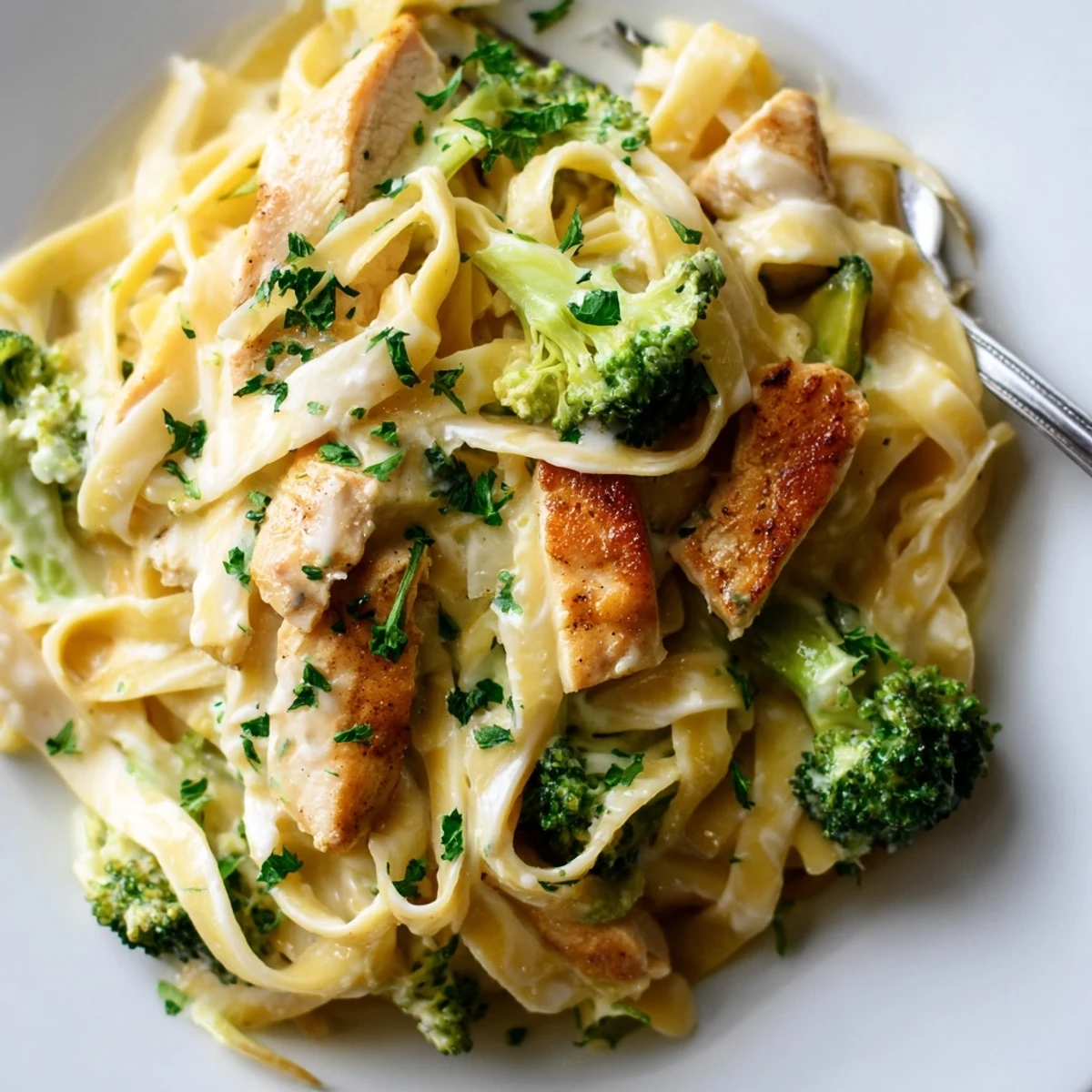 Creamy Chicken Alfredo with Broccoli served hot over fettuccine with tender chicken and crisp broccoli florets.