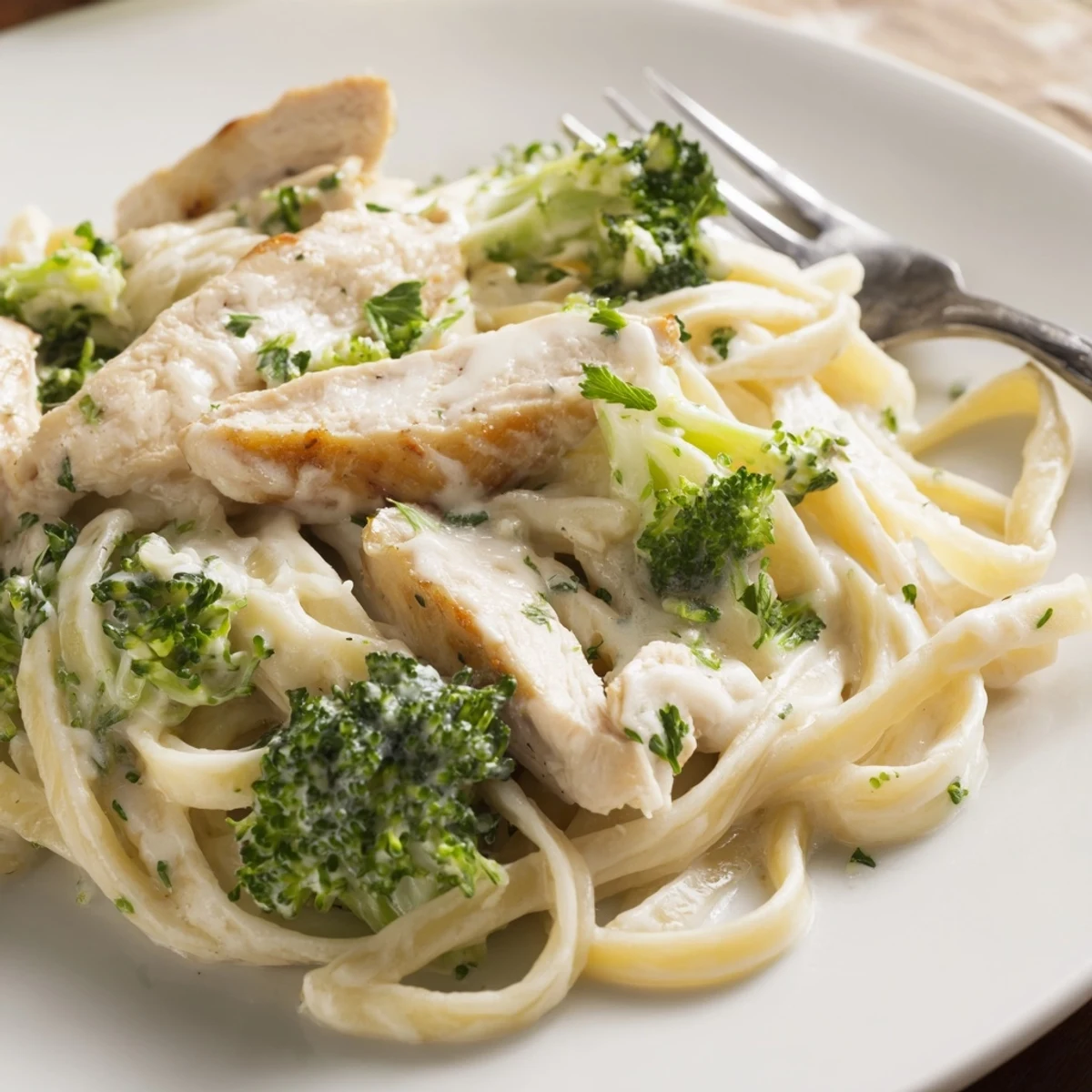 Family-style Creamy Chicken Alfredo with Broccoli plated with grated Parmesan and lemon wedges for a fresh finish.