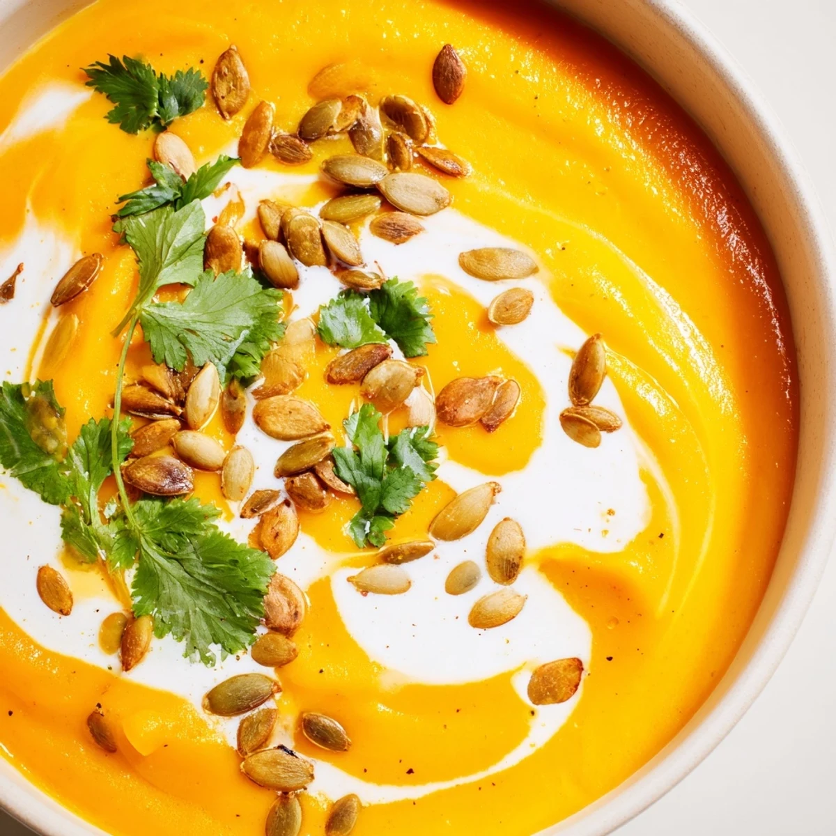 Vibrant bowl of Savory Pumpkin Soup with Curry Powder, garnished with toasted pumpkin seeds and fresh cilantro.