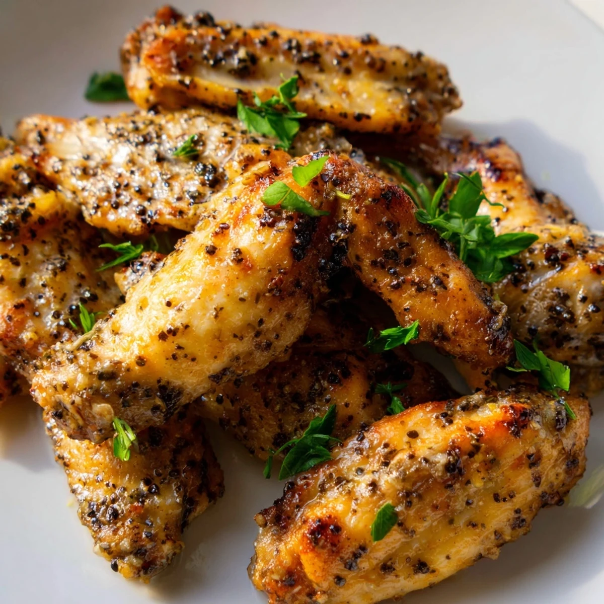 Crisp Baked Lemon Pepper Chicken Wings on a platter with celery sticks, perfect for a game day snack.
