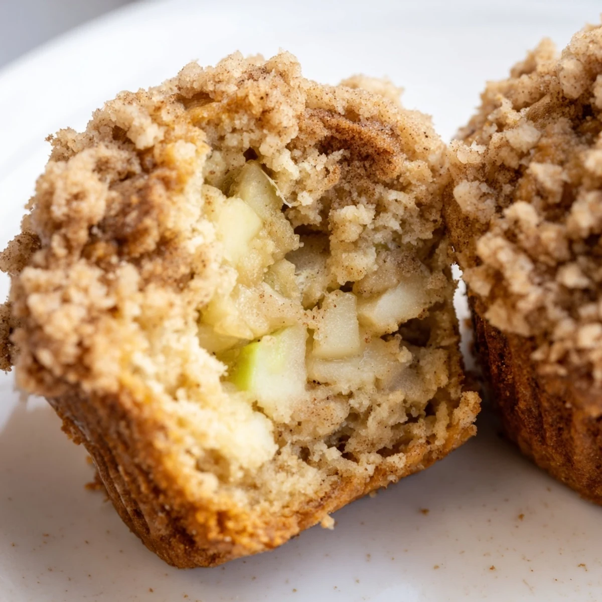 Freshly baked Cinnamon Apple Muffins with Streusel sit on a wooden board, showcasing tender apple chunks inside a golden brown crumb. 