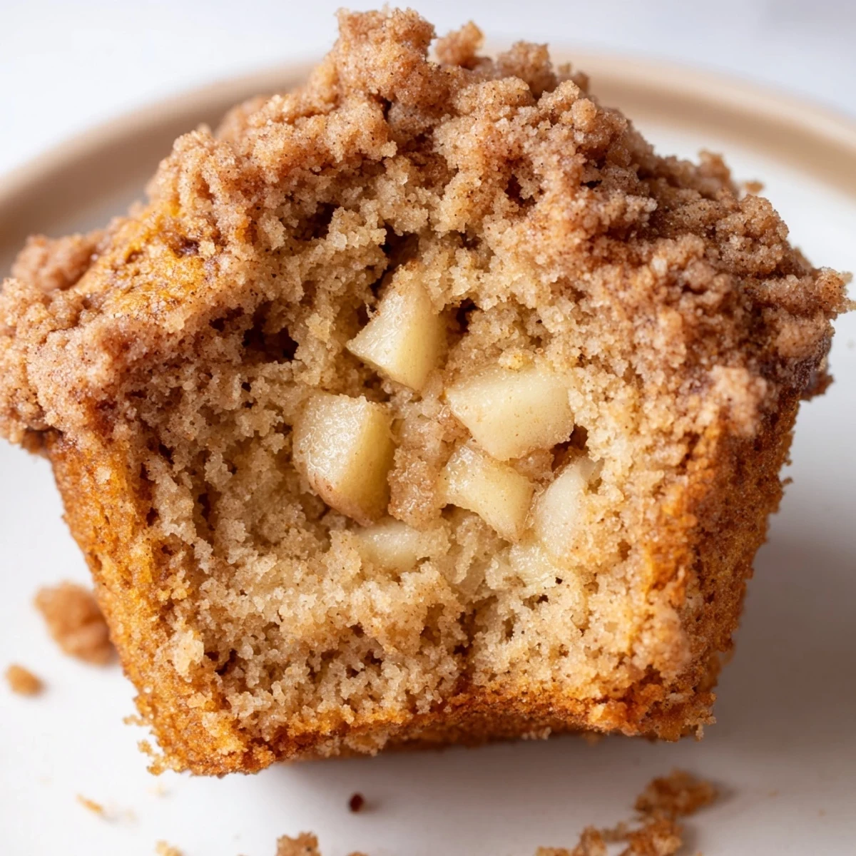 Warm Cinnamon Apple Muffins with Streusel are arranged on a white plate, perfect for a cozy breakfast or afternoon snack. 