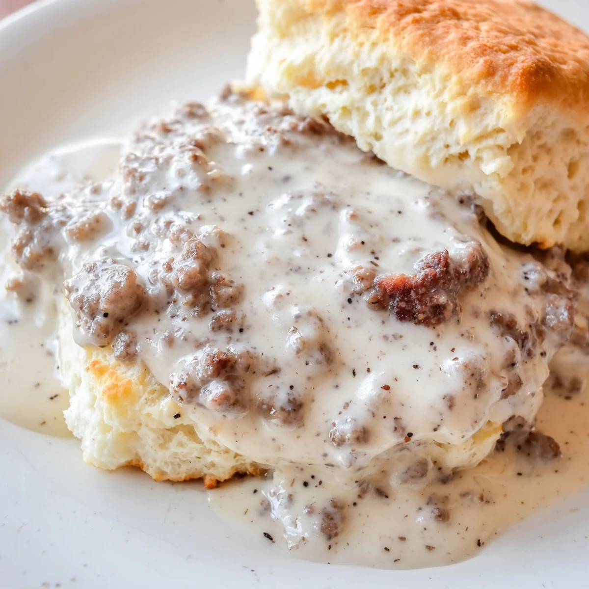 Golden-brown, flaky biscuits split and generously smothered in creamy, peppery Savory Biscuit with Gravy.