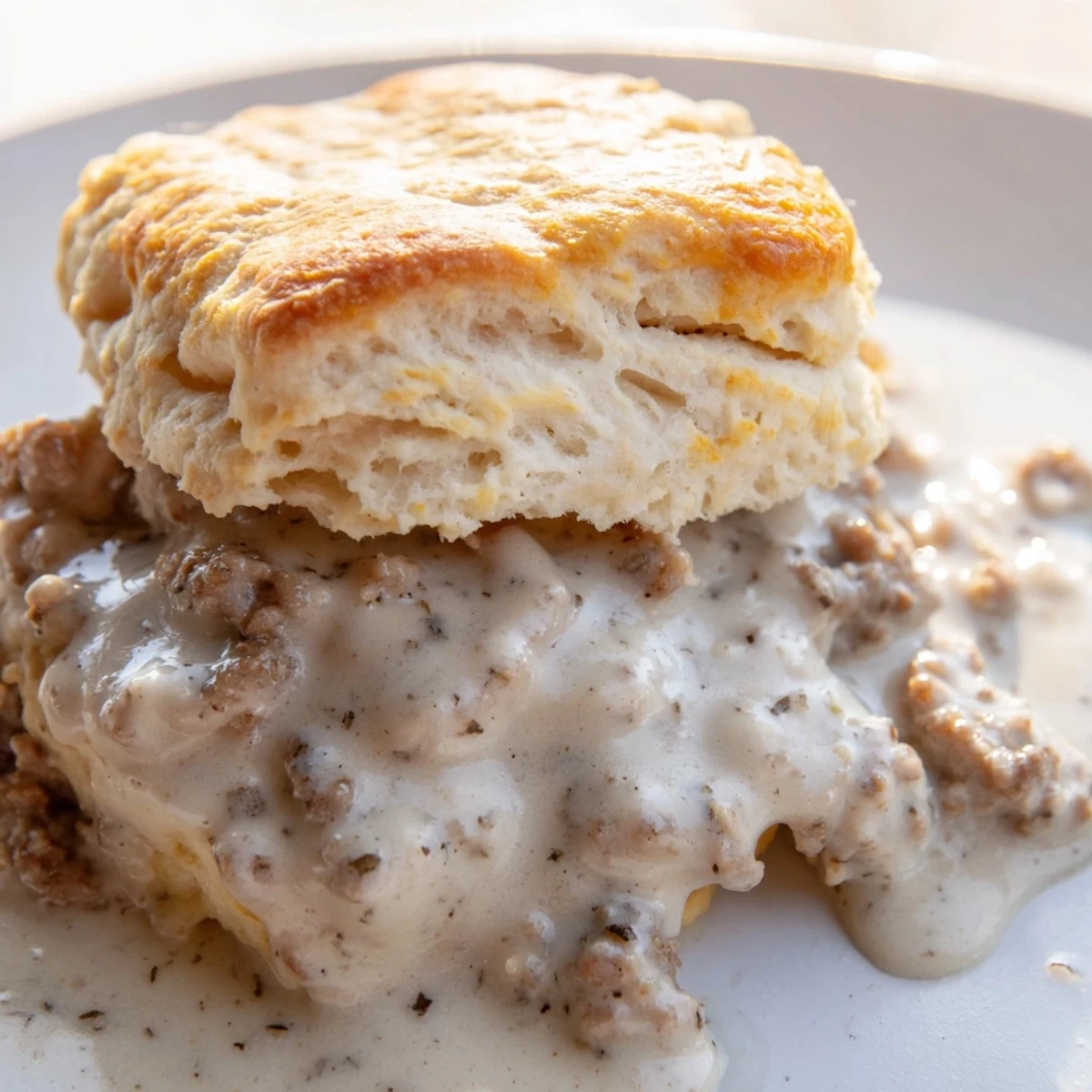 A close-up of warm Savory Biscuit with Gravy, ready to be served for breakfast.