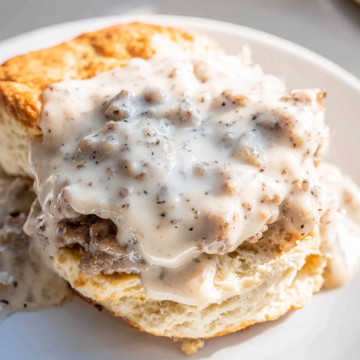 Freshly baked Savory Biscuit with Gravy topped with a pat of melting butter.
