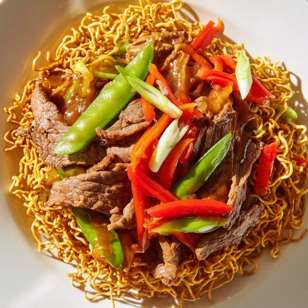 Crispy pan-fried noodles topped with tender beef and bright vegetables in a glossy savory sauce.