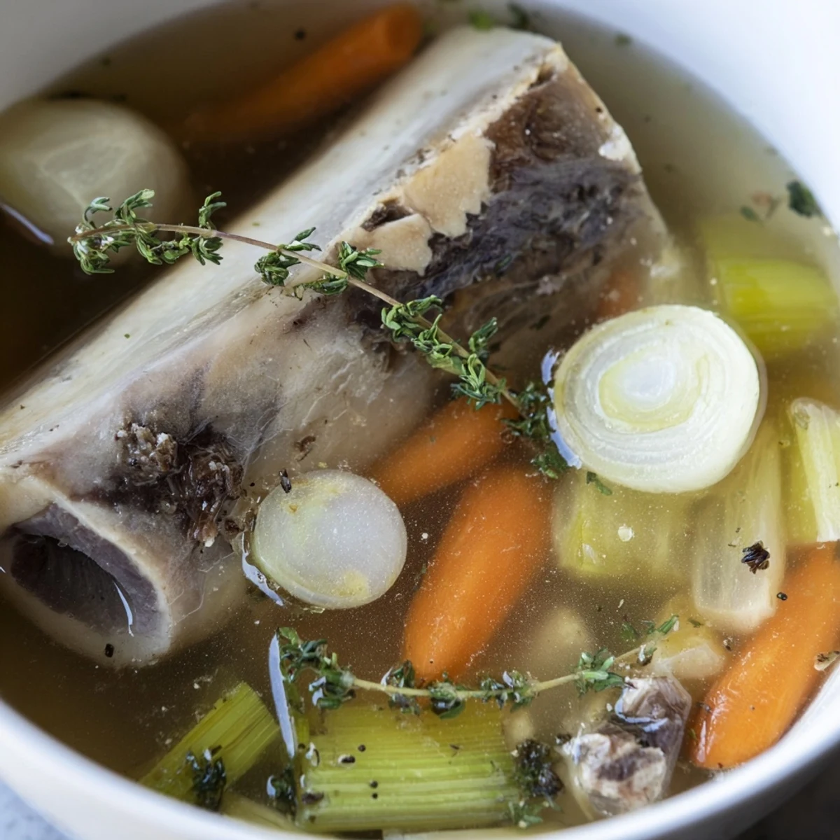 A hearty Beef Stock with Bones simmering in a large pot with bay leaves and thyme sprigs.
