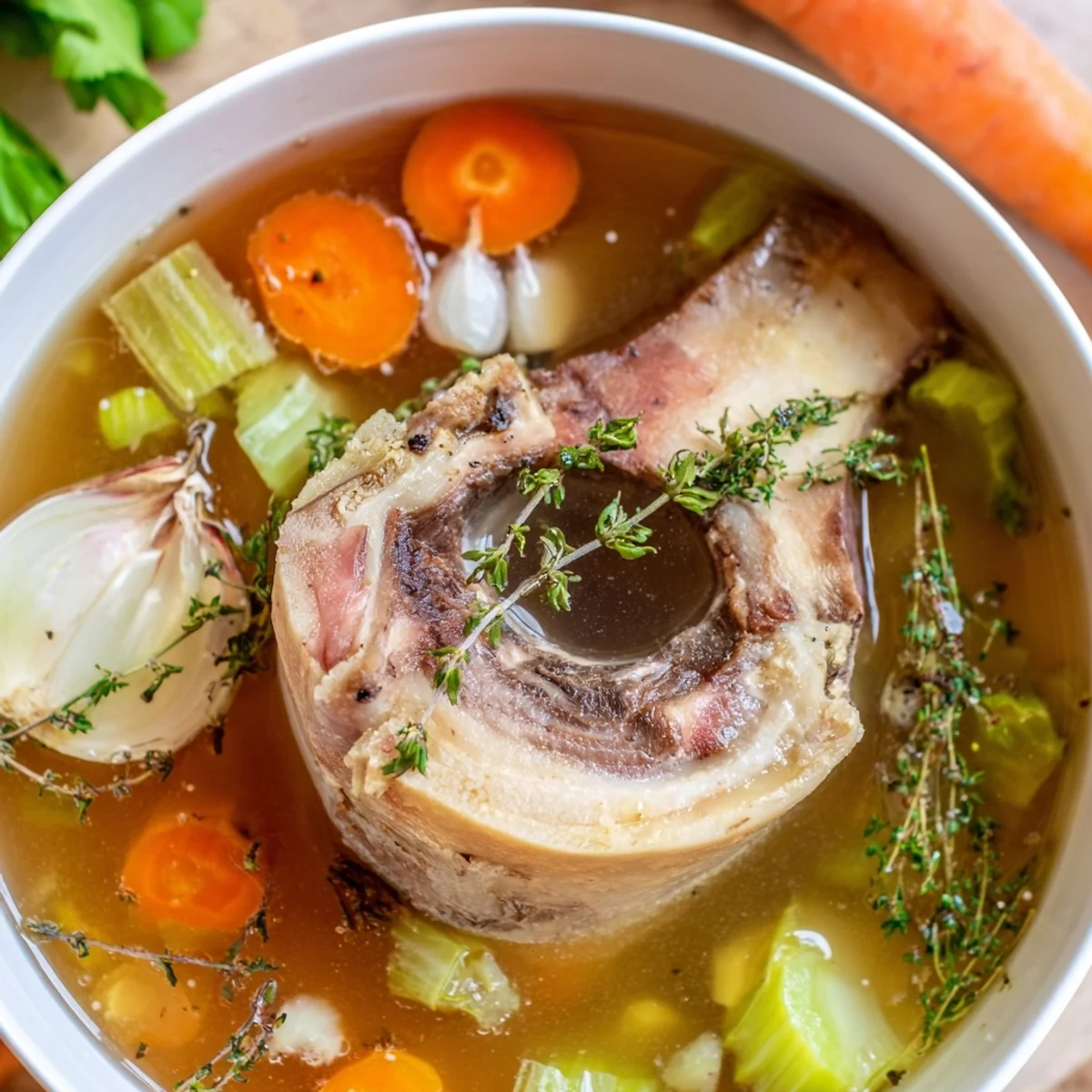 Homemade Beef Stock with Bones chills in a jar, revealing a layer of golden, rich gelatin.