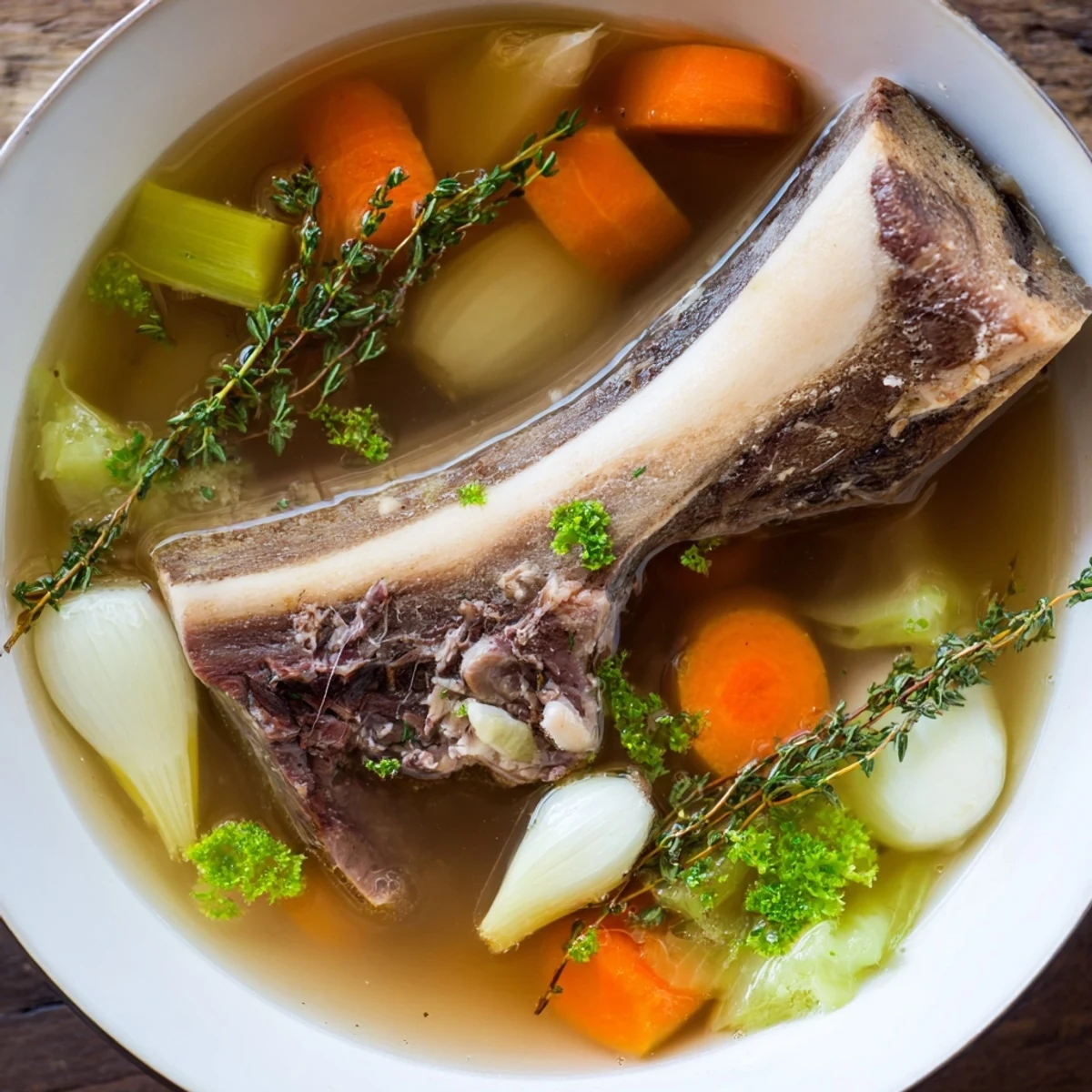 Deep brown Beef Stock with Bones being strained through a cheesecloth into a glass bowl.