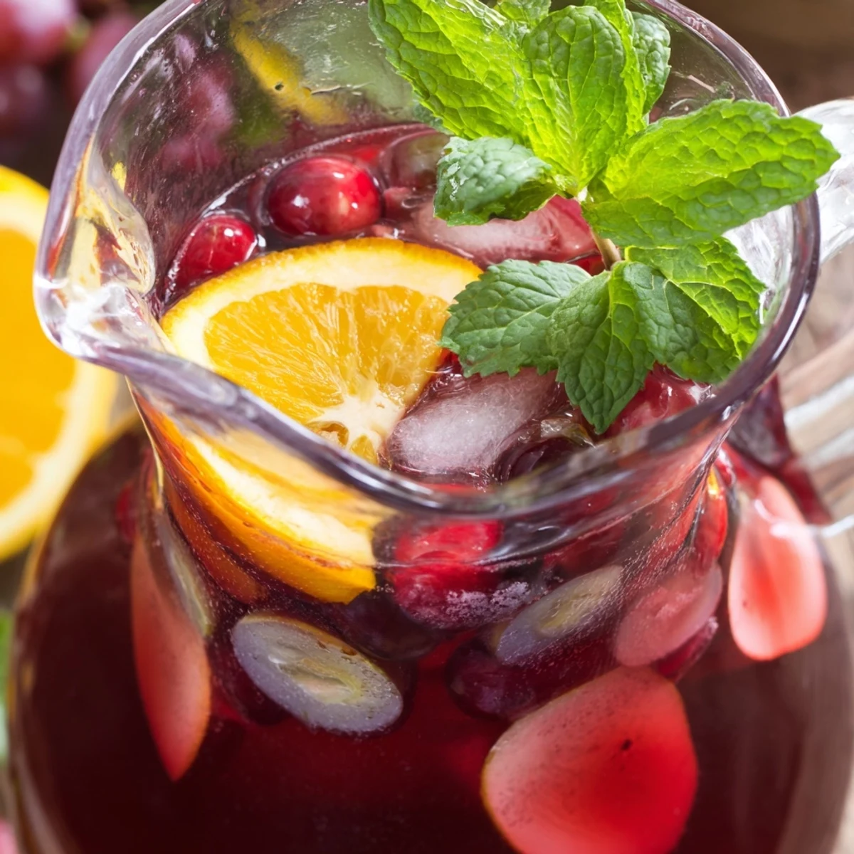 Bright red cranberries and orange slices float in Cranberry Punch with Fruit next to fresh mint leaves over ice.