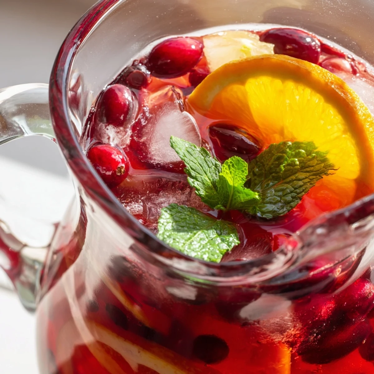 Clear glass of Cranberry Punch with Fruit garnished with mint and mixed fruits, condensation droplets on the side.