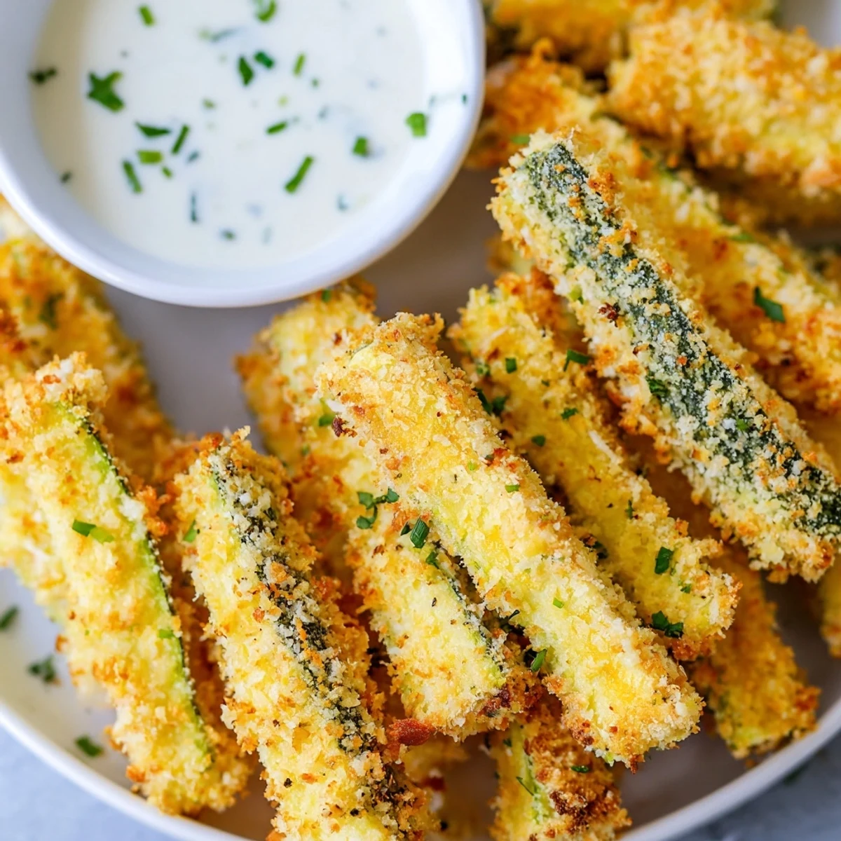 Golden-brown Crispy Zucchini Fries with Ranch piled high on a plate with fresh herbs and lemon.