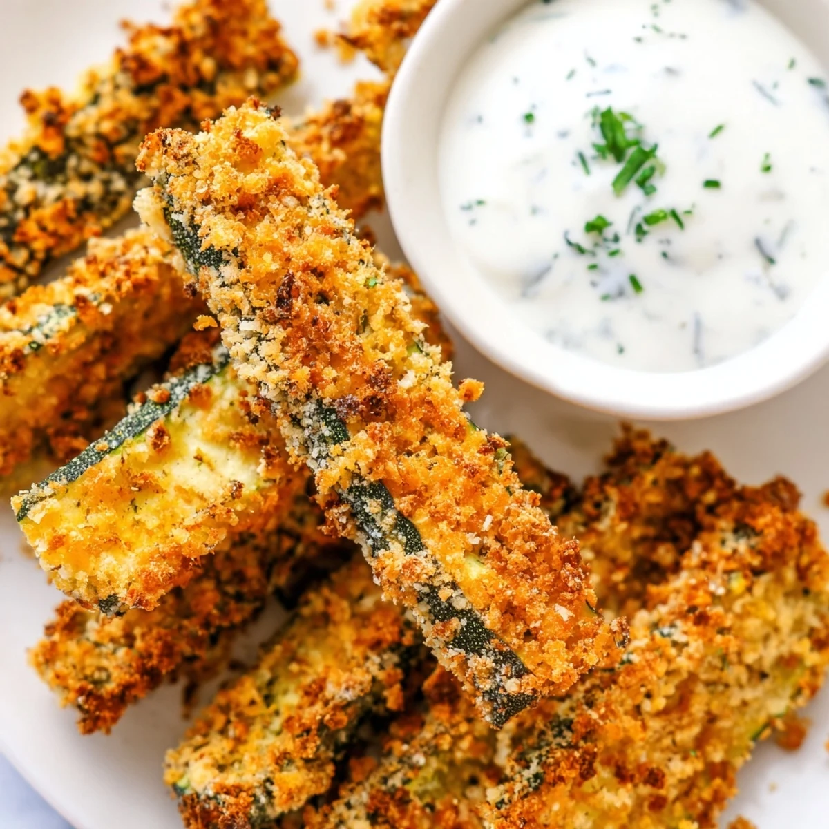 Crispy Zucchini Fries with Ranch dip served golden and crunchy, perfect for dipping on a platter.